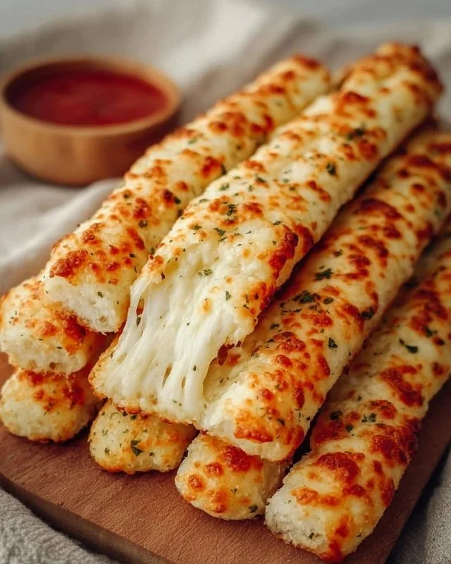 Delicious cheesy breadsticks served warm and fresh from the oven.
