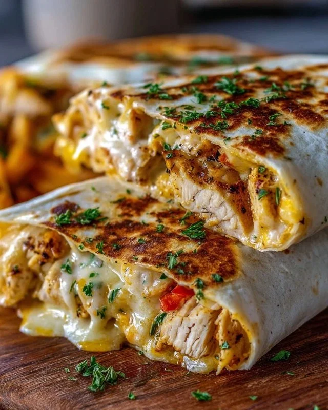 Cheesy Garlic Chicken Wraps with melted cheese and garlic sauce