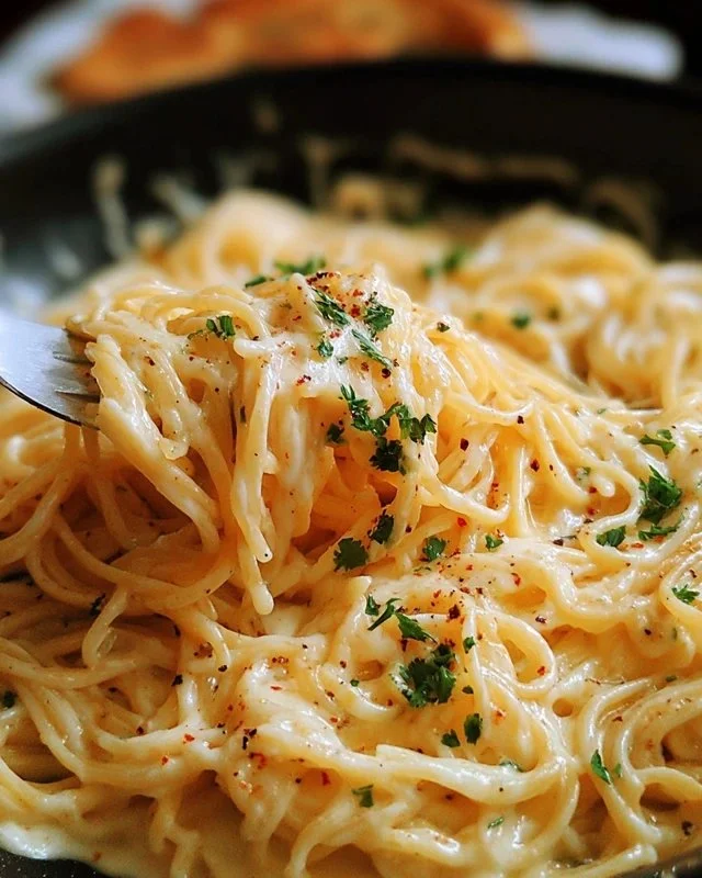 Delicious plate of Garlic Parmesan Spaghetti with cheese and garlic flavors.