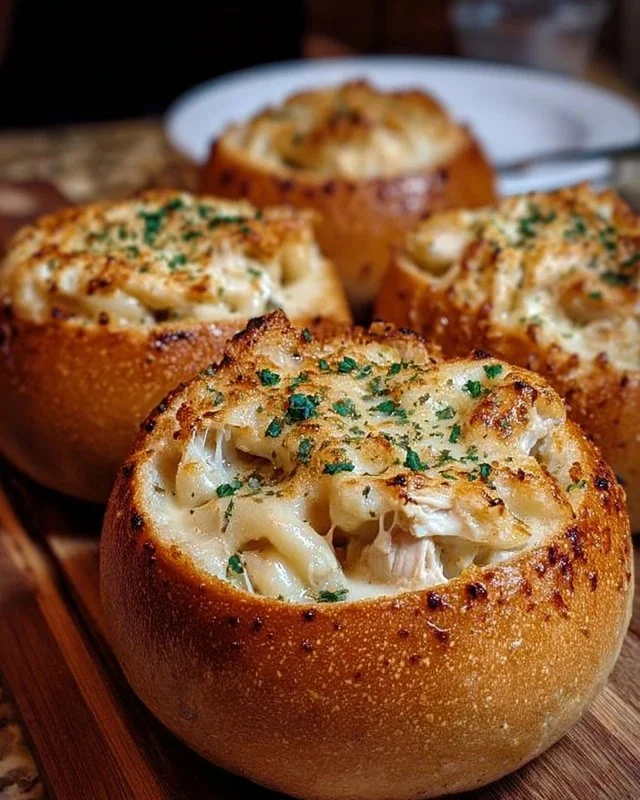 Chicken Alfredo garlic bread bowls filled with creamy sauce and tender chicken