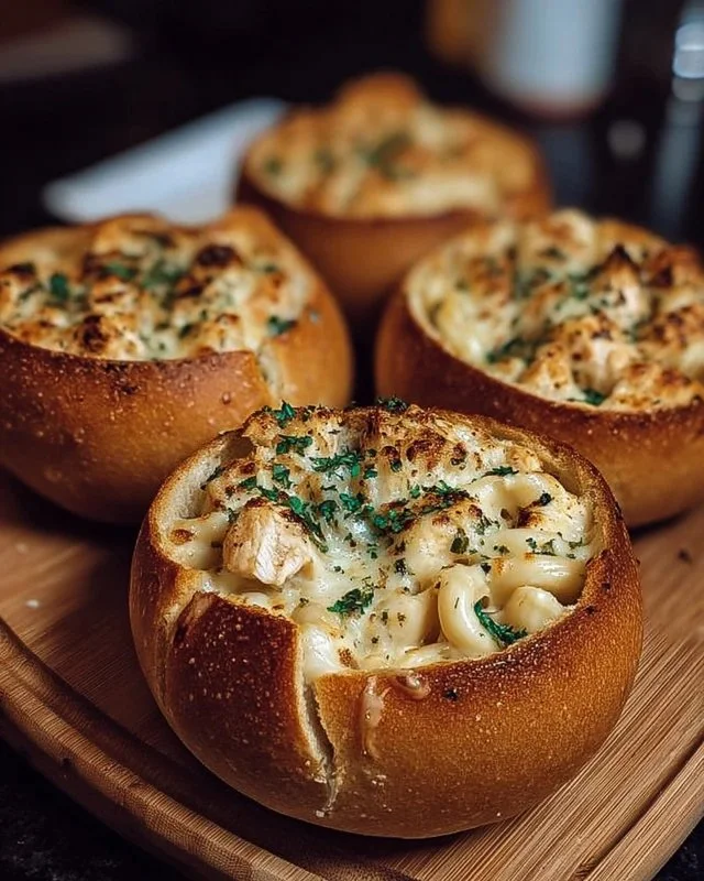 Chicken Alfredo Garlic Bread Bowls