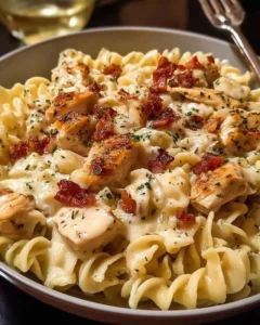 Delicious Chicken Bacon Ranch Pasta topped with crispy bacon and fresh herbs.