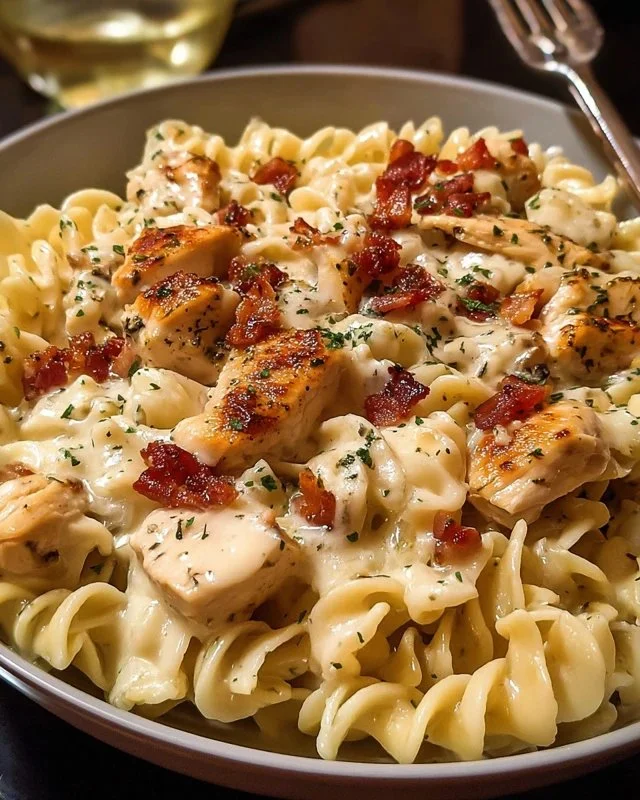 Delicious Chicken Bacon Ranch Pasta topped with crispy bacon and fresh herbs.