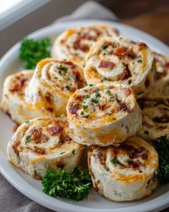 Delicious Chicken Bacon Ranch Pinwheels ready to serve on a platter.
