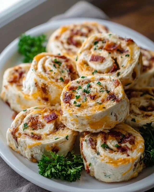 Delicious Chicken Bacon Ranch Pinwheels ready to serve on a platter.