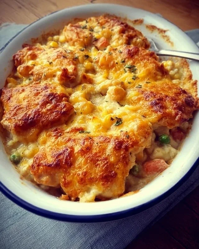 Delicious homemade chicken casserole topped with crispy breadcrumbs.
