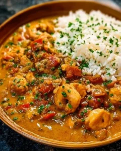 Bowl of Chicken Étouffée served with rice, showcasing a flavorful dish.