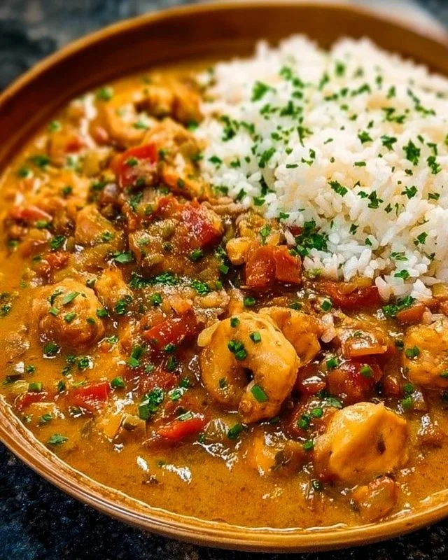 Bowl of Chicken Étouffée served with rice, showcasing a flavorful dish.