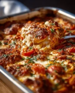 Delicious Chicken Parmesan Casserole topped with cheese and herbs