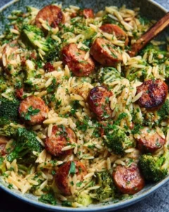 Delicious Chicken Sausage and Broccoli Orzo served in a bowl