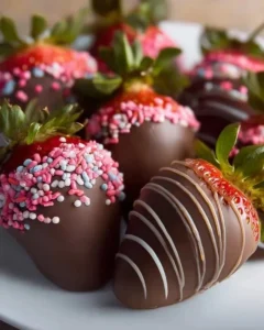 Delicious chocolate covered strawberries drizzled with white chocolate.