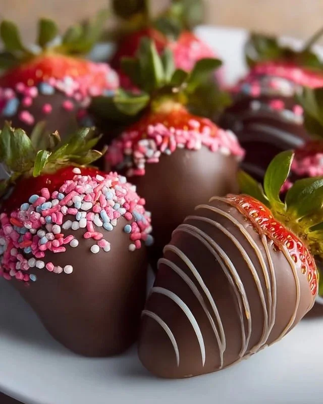 Delicious chocolate covered strawberries drizzled with white chocolate.