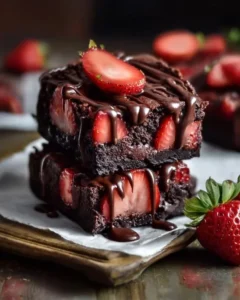 Delicious chocolate covered strawberry brownies dessert on a serving plate