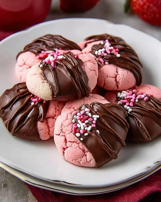 Delicious chocolate covered strawberry cookies stacked on a plate