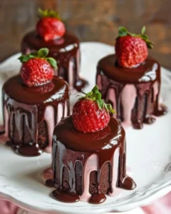 Chocolate-covered strawberry mini cakes displayed on a rustic wooden table