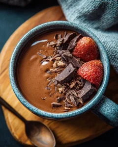 Delicious chocolate protein pudding in a bowl topped with berries.