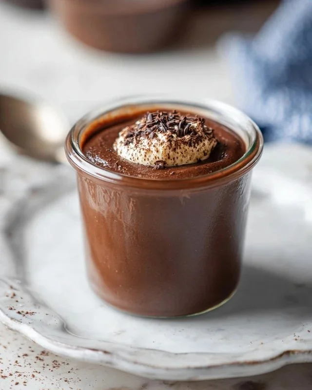Delicious homemade chocolate pudding in a bowl topped with whipped cream