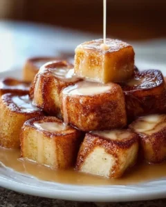 Plate of delicious cinnamon roll French toast bites garnished with icing.