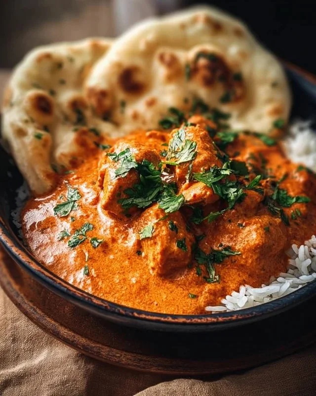 Delicious plate of classic butter chicken with creamy sauce and spices.