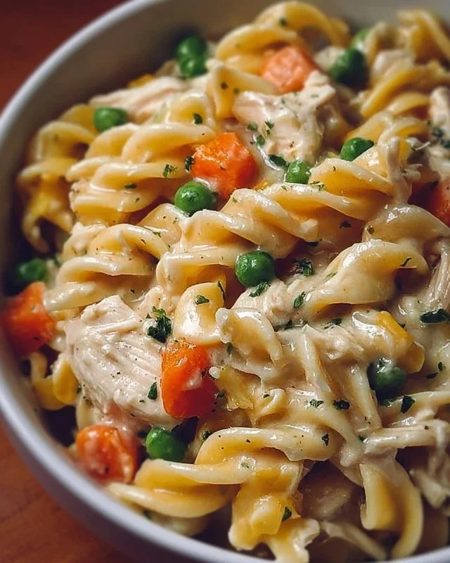 Classic Chicken Pot Pie Pasta dish served on a plate, garnished with herbs.