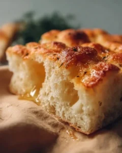 Freshly baked classic focaccia bread topped with herbs and olive oil.