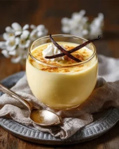 Bowl of classic vanilla pudding topped with whipped cream and vanilla beans