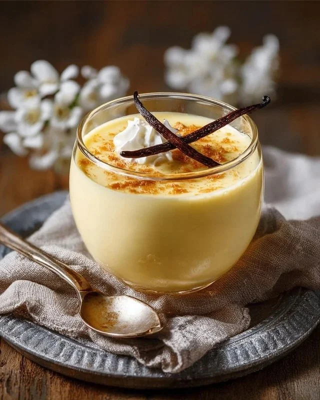 Bowl of classic vanilla pudding topped with whipped cream and vanilla beans