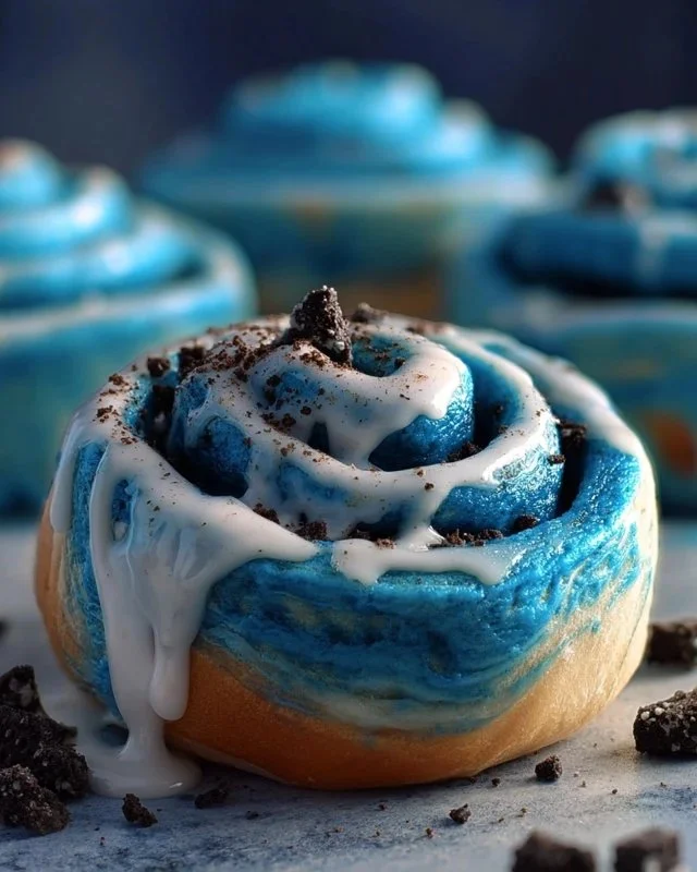 Delicious Cookie Monster cinnamon rolls with blue swirls on a baking tray