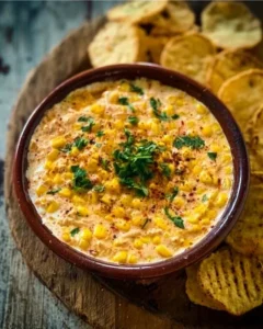 Delicious homemade corn dip served with tortilla chips and fresh herbs