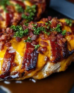 Delicious Cowboy BBQ Bacon Cheddar Chicken topped with cheese and bacon