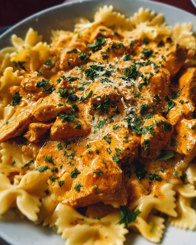 Delicious Cowboy Butter Chicken Pasta served in a bowl topped with herbs