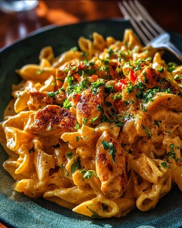 Delicious Cowboy Butter Chicken Pasta served in a creamy sauce