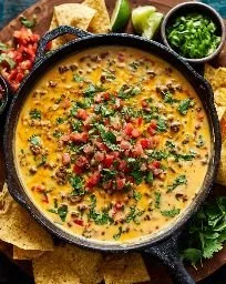 Delicious Cowboy Queso served in a bowl with tortilla chips
