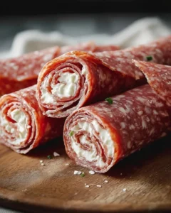 Delicious cream cheese salami roll ups served as a tasty appetizer