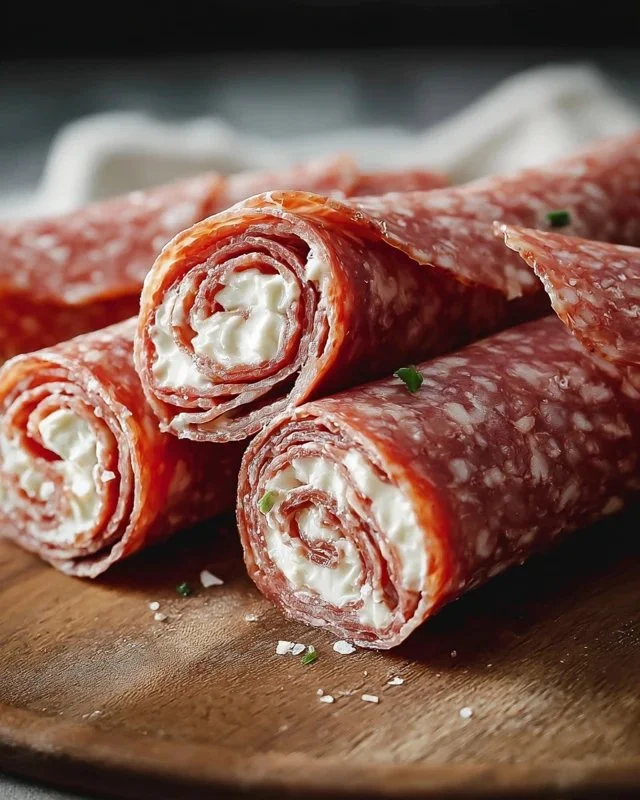 Delicious cream cheese salami roll ups served as a tasty appetizer