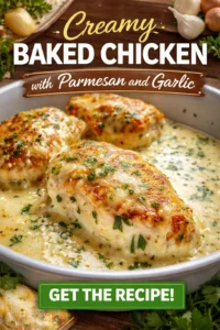 Creamy Baked Chicken with Parmesan and Garlic in a skillet