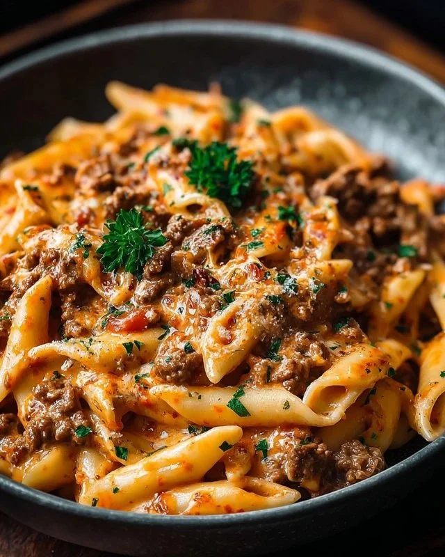 Creamy beef pasta dish garnished with herbs and served in a bowl