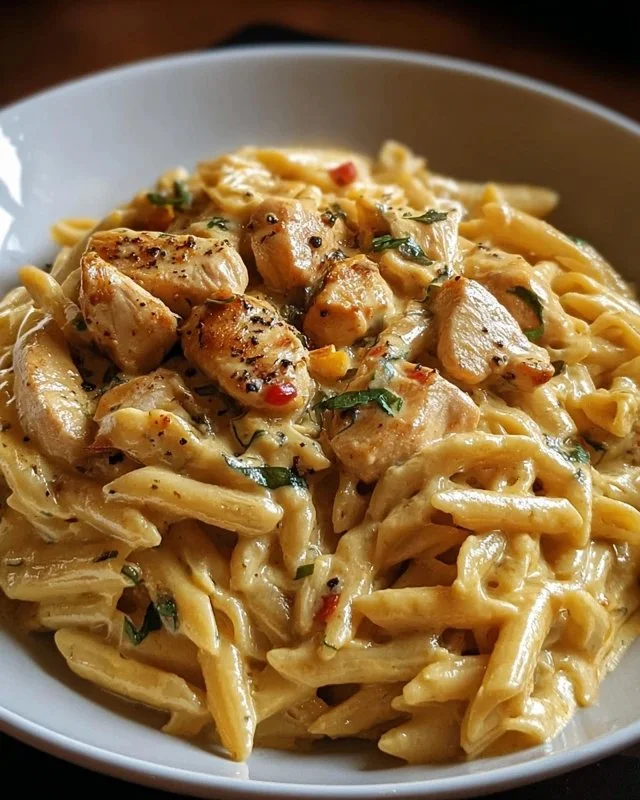 Creamy Cajun chicken pasta topped with herbs and spices in a decadent sauce