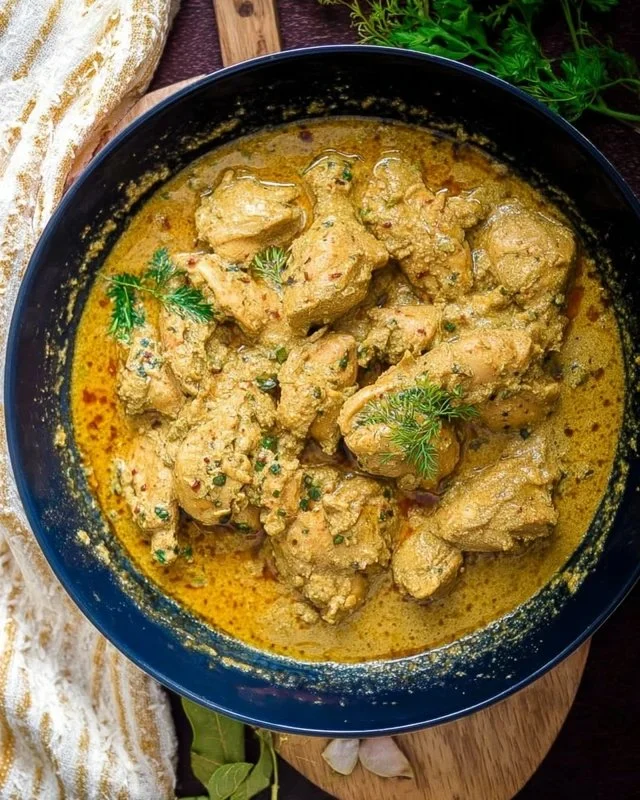 Creamy chicken curry dish garnished with fresh herbs