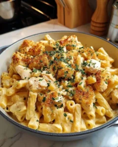 Creamy Chicken Mac and Cheese dish in a bowl with cheese and chicken pieces.