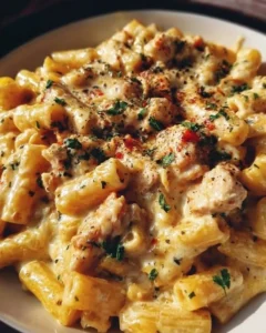 Creamy chicken pasta dish prepared in a crockpot, garnished with herbs.