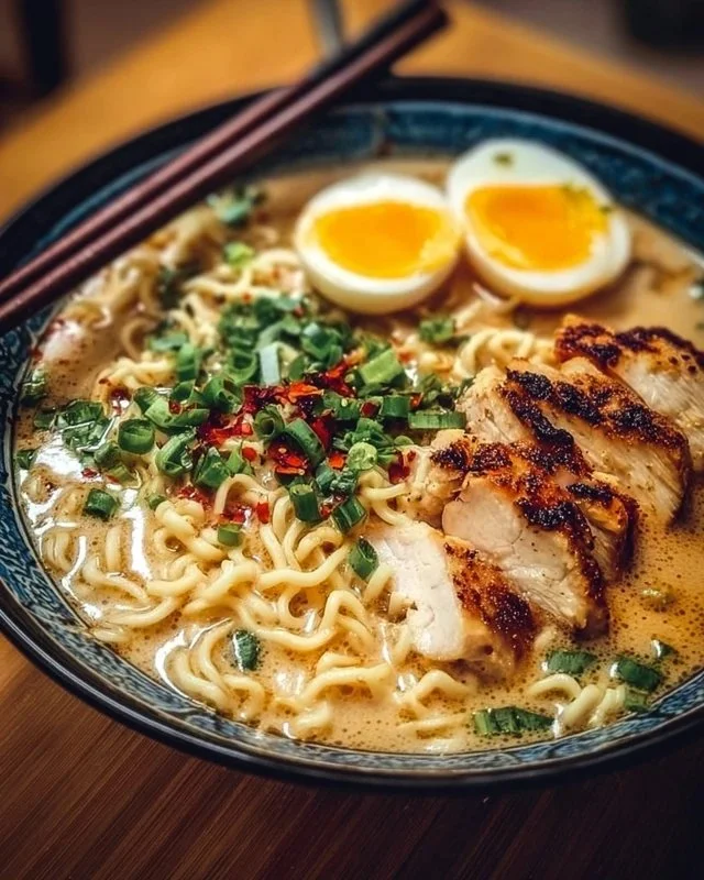 Creamy garlic chicken ramen in a bowl, garnished with green onions and eggs.