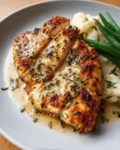 Creamy Garlic Parmesan Chicken breast garnished with herbs on a plate