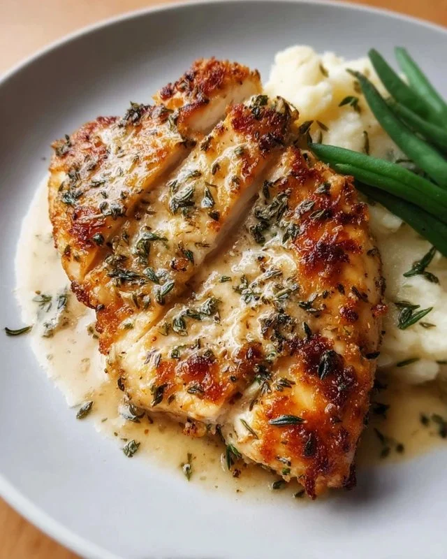 Creamy Garlic Parmesan Chicken breast garnished with herbs on a plate