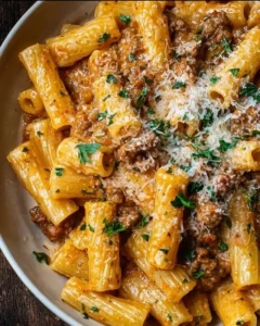 Creamy Italian Sausage Rigatoni topped with fresh herbs and parmesan cheese