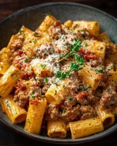 Creamy Italian sausage rigatoni served in a bowl with herbs on top