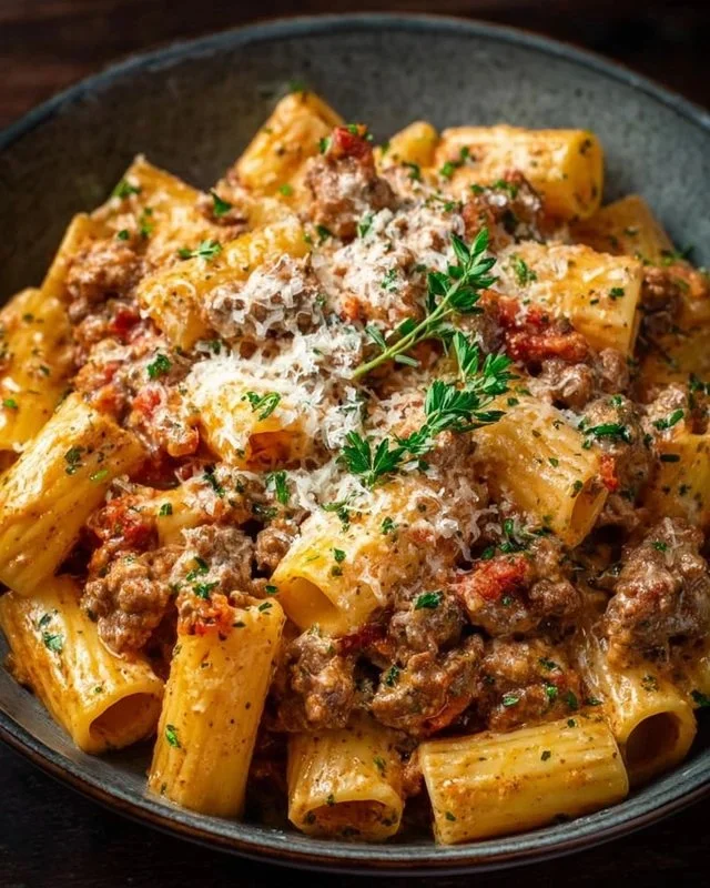 Creamy Italian sausage rigatoni served in a bowl with herbs on top
