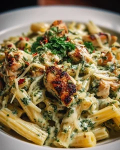 Creamy pesto chicken pasta dish garnished with herbs and Parmesan cheese.