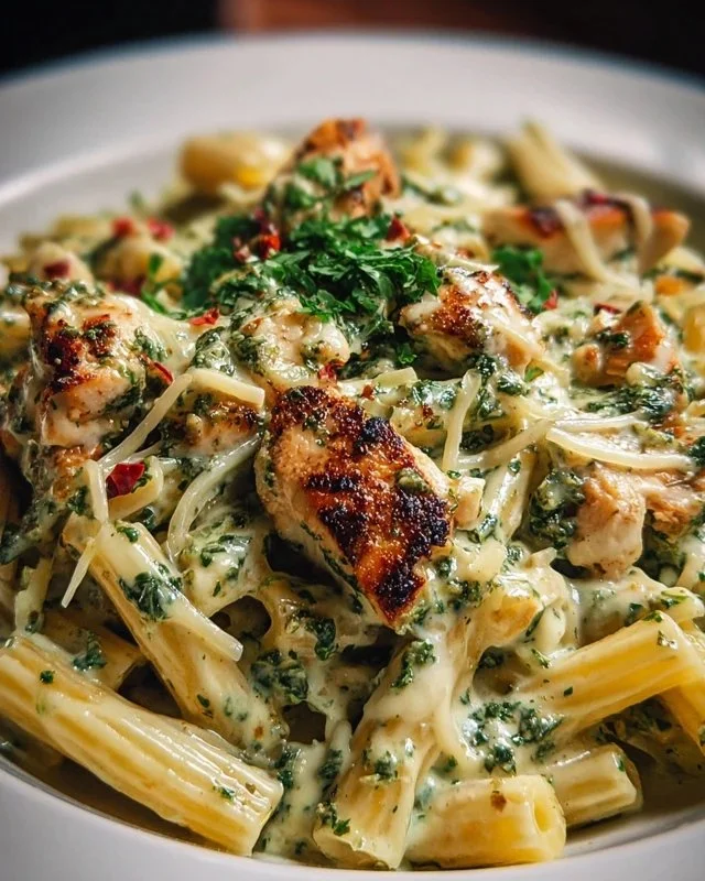 Creamy pesto chicken pasta dish garnished with herbs and Parmesan cheese.