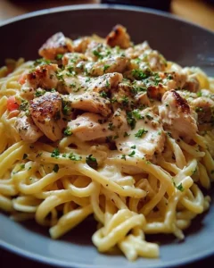 Delicious creamy rotisserie chicken pasta served in a bowl
